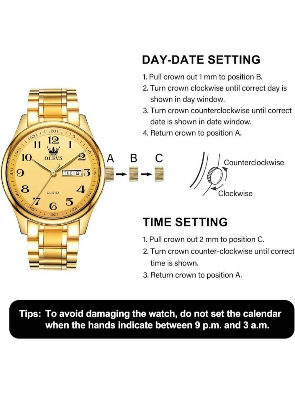 Olevs Men's Gold Luxury Stainless Steel Big Face Analog Quartz Luminous Watch